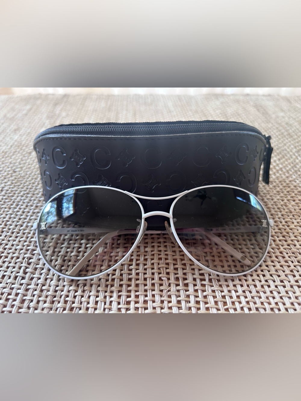 Celine Sunglasses w/White Metal Aviator Frame & Dark Gray Gradient Lens w/Case.
